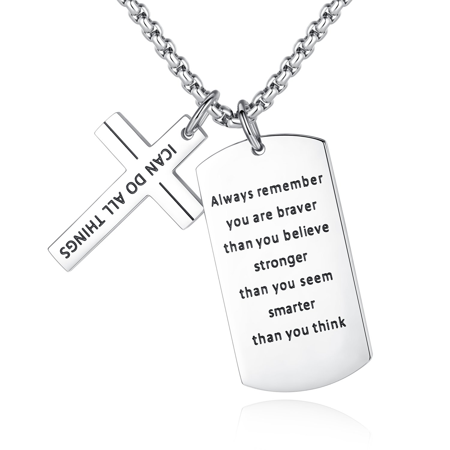 Stainless Steel Cross and Inspirational Dog Tag Pendant Necklace for Men Women, Military Rolo Chain 3mm 22-24 Inch (Silver Pendant + 22'' Chain)