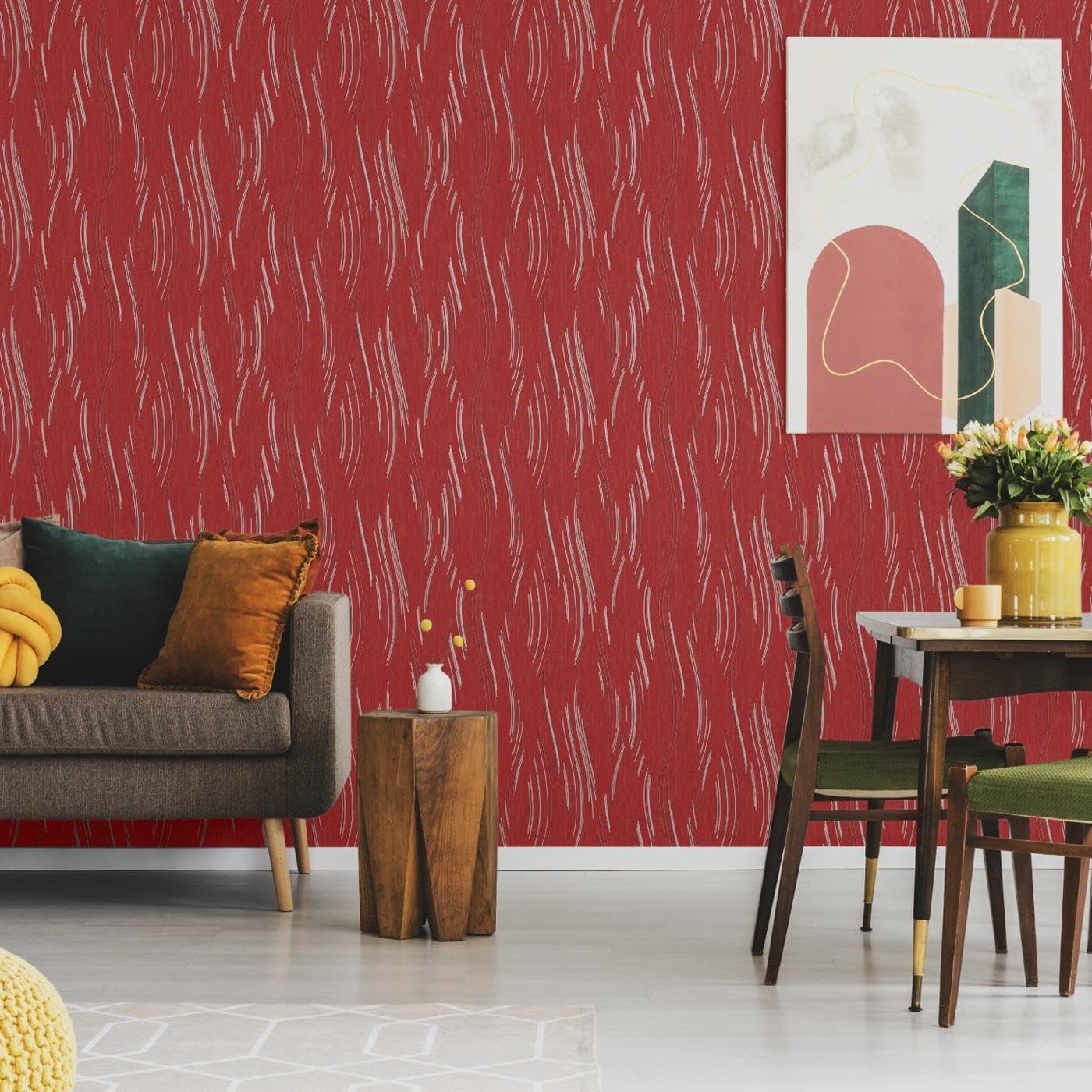 Love Your Walls Shimmer Wave Curved Stripe Design with Metallic and Glitter Elements Wallpaper Perfect for Bedrooms Feature Walls Red J74610