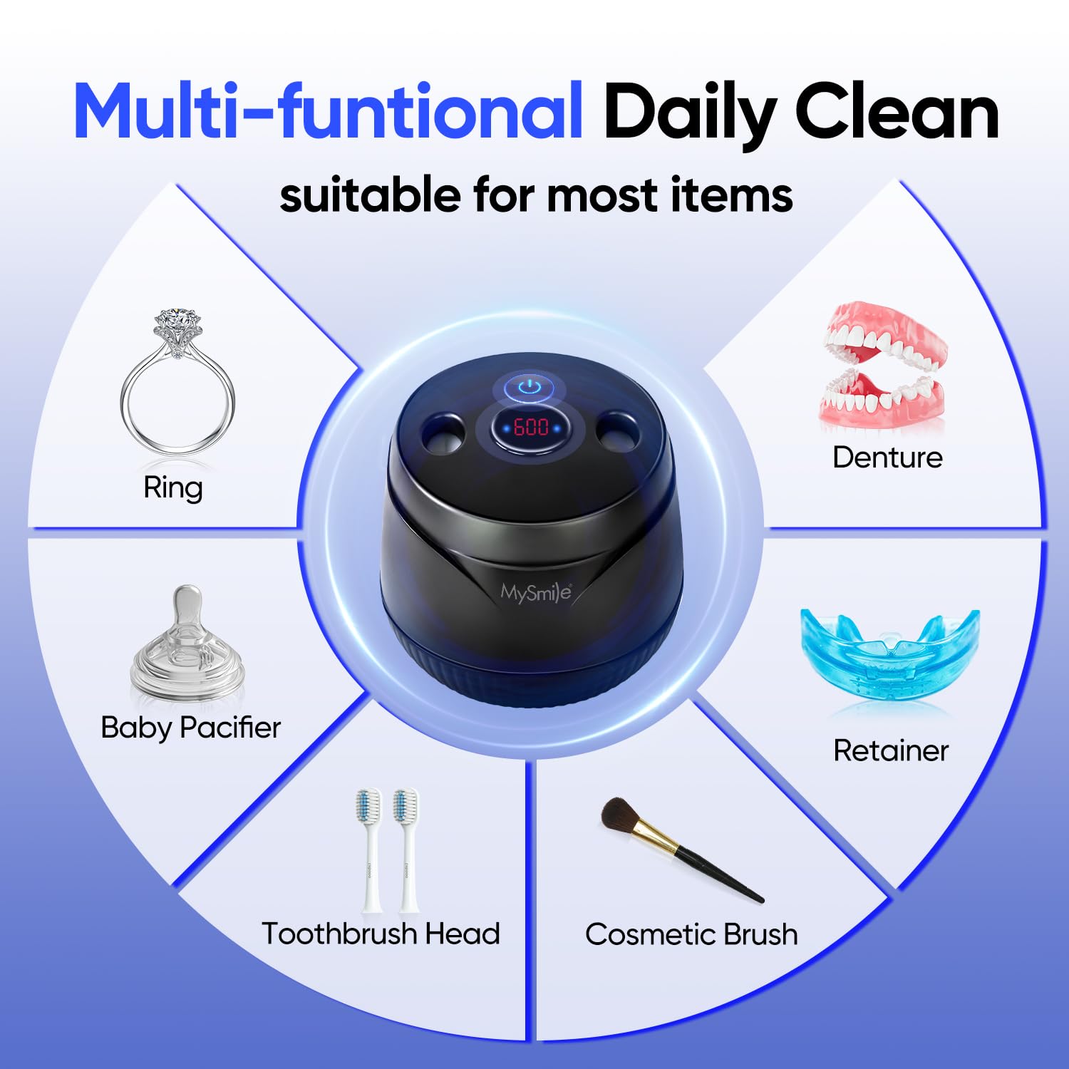 MySmile Pulitore ad Ultrasuoni 45 KHz, Capacità 200ML - Allineatori, Protettori Buccali, Apparecchi Ortodontici, Capsula Portatile di Pulizia Dentale con 2 Modalità e Timer Digitale (nero)