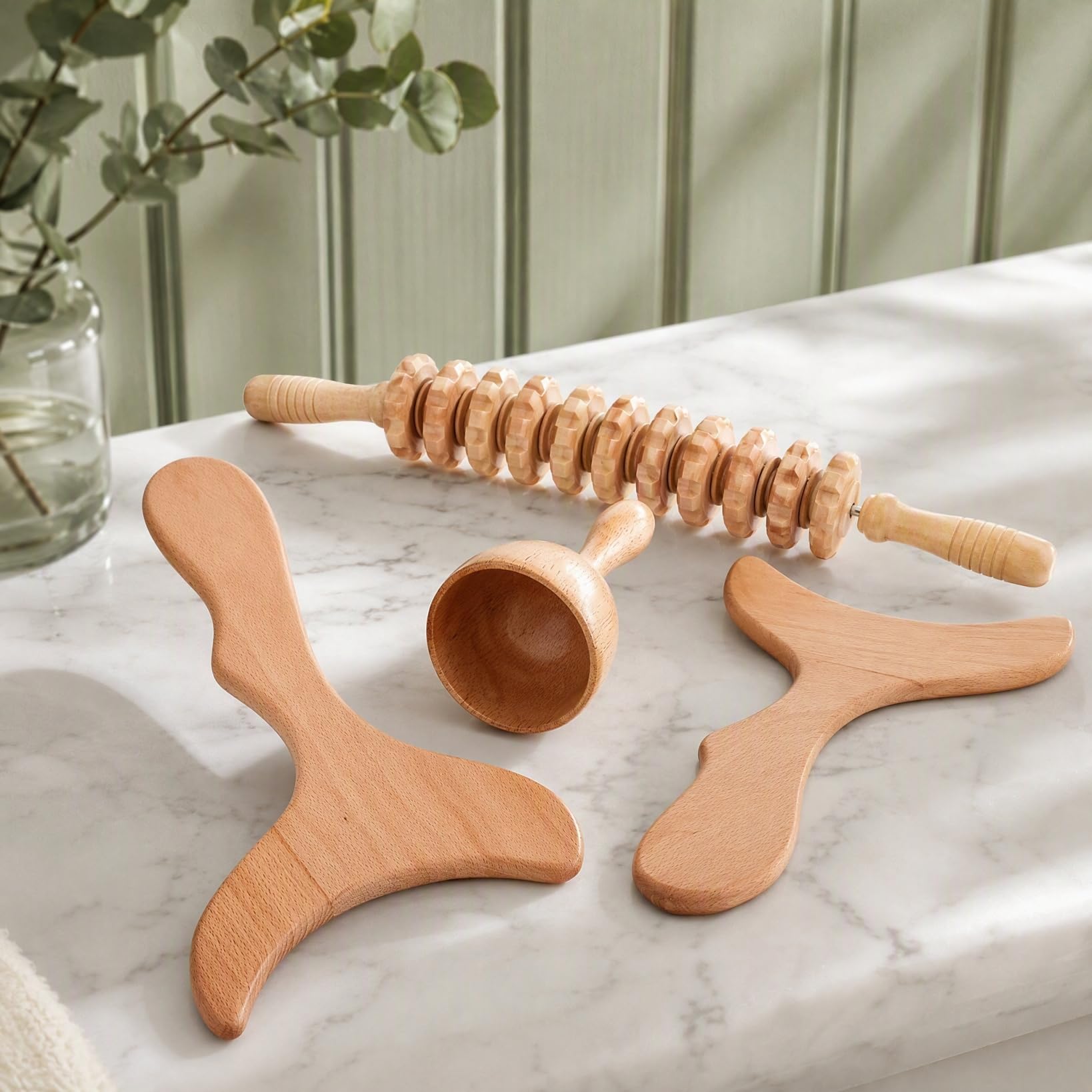 3 in 1 strumenti per massaggi WoodTherapy, kit per massaggi linfatici e drenanti, kit per massaggiare il corpo Gua Sha, strumenti per massaggi in corda per rilassarsi