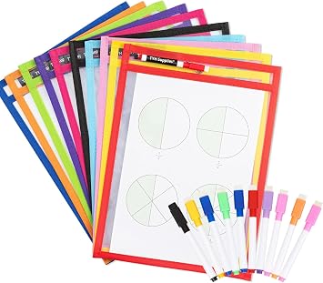 Dry Erase Pockets, 10 Pack Oversized 10 x 14 Reusable Sleeves for 8.5 x 11 Worksheets, Heavy Duty Clear Dry Erase Sheet Protectors with 10 Markers, Grommet & Loop for Classroom, Homeschool & Office