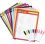 Dry Erase Pockets with Markers, 10 Pack Oversized 10x14 Sleeves for 8.5x11 Worksheets, Heavy Duty Clear Vinyl, Reusable Sheet Protectors with Grommet & Marker Loop for Classroom and Office