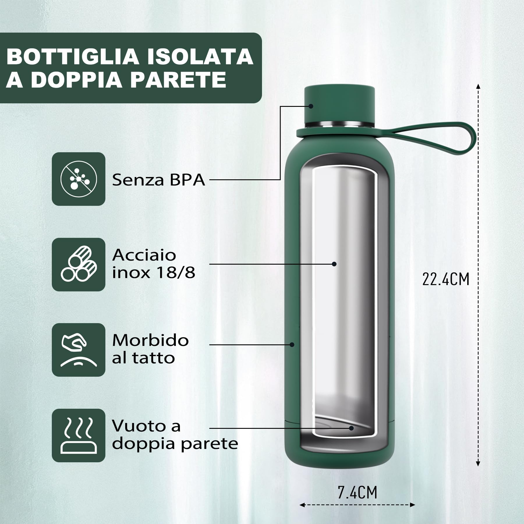 Exllena Borraccia Termica 500 ml - Bottiglia Termica Doppio Vuoto Mantenere Calore/Freddo - Senza BPA - 100% A Tenuta Stagna con Anello per Tote (Verde Oliva)