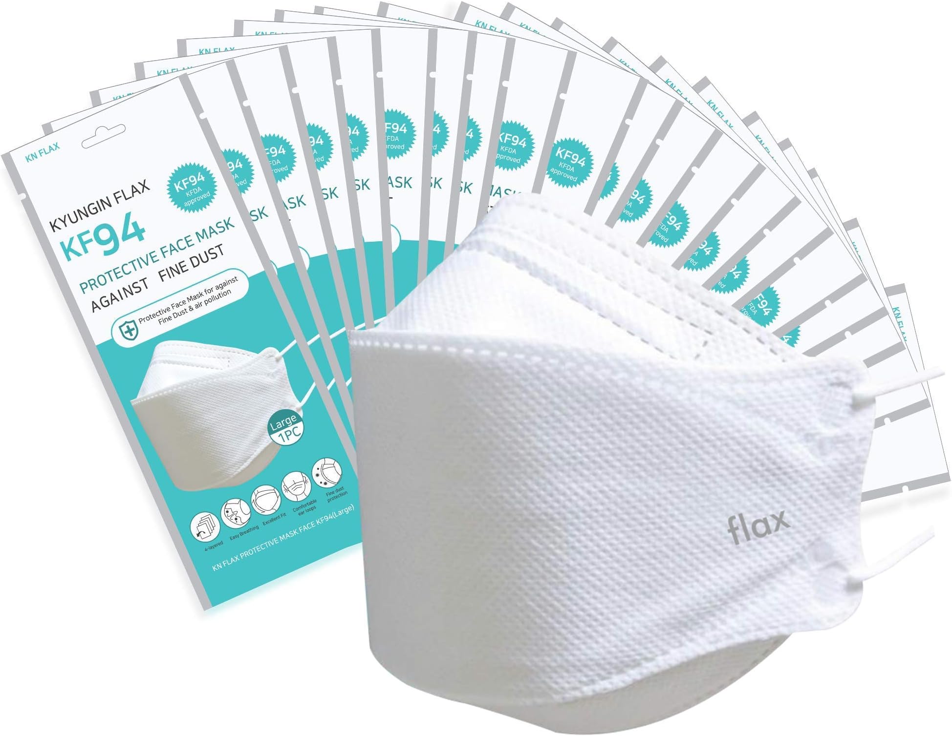 - KN FLAX KF94 Masks For Adults - Face Protective Mask (White) [Made in Korea] [20 Individually Packaged] Premium KF-94 Certified Face Safety White Face Mask Dust [English Packing]
