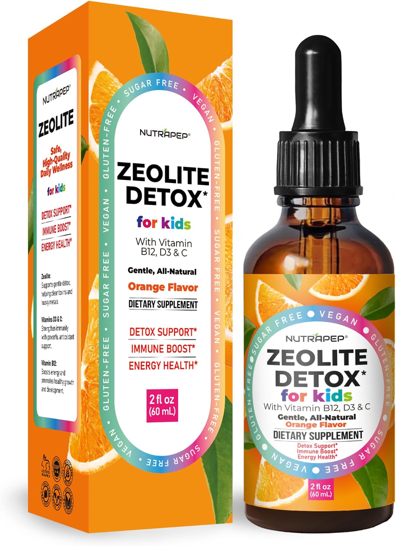 Zeolite Detox for Kids - Gentle Micronized Clinoptilolite Supplement with Vitamin B12 C D - Full Body Cleanse Liquid Drops for Children Toddlers - Orange Flavor Vegan Gluten-Free