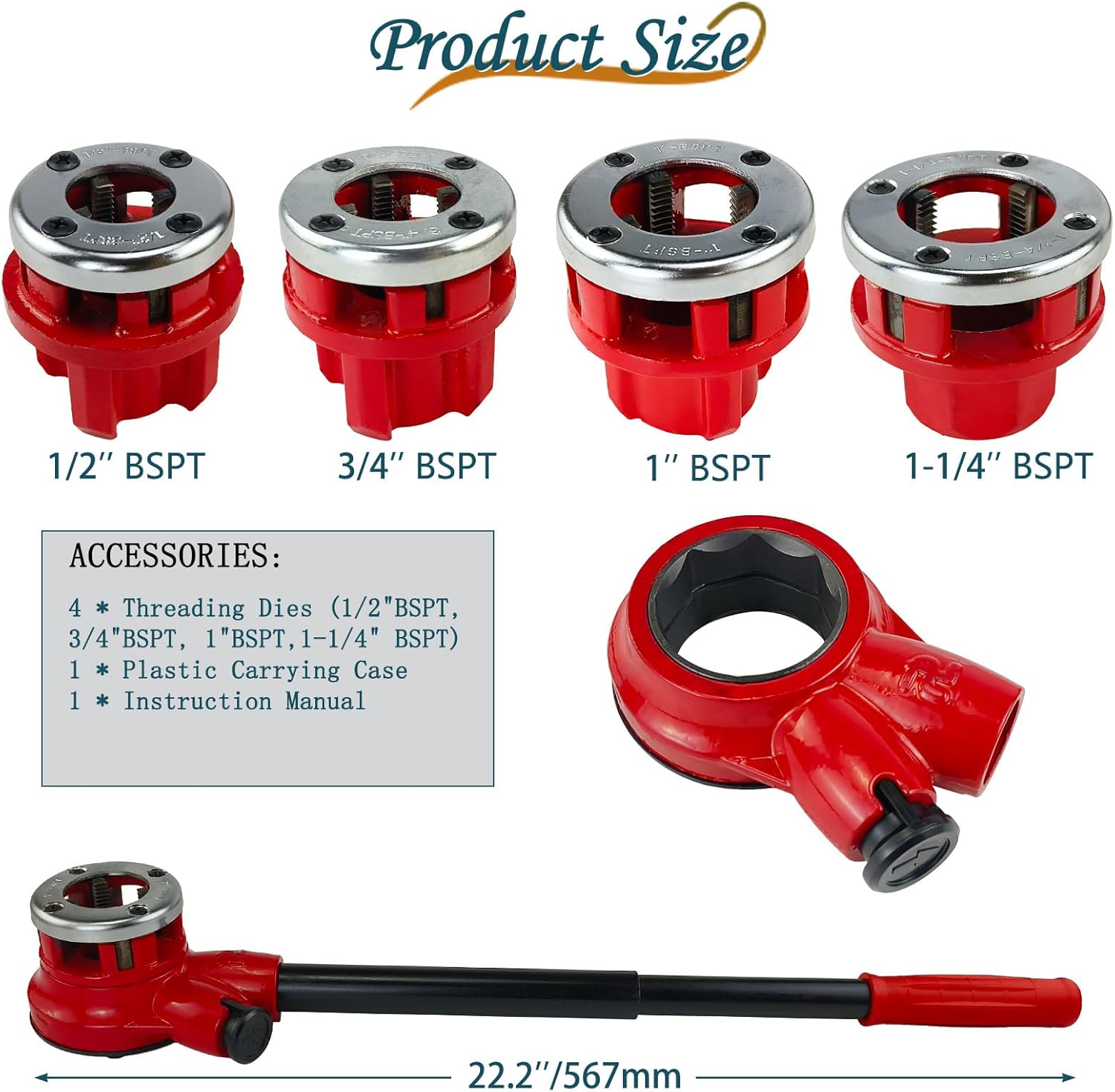 BSPT Pipe Threader Ratchet Kit, Manual Pipe Threading Tool Set with 4Dies (4 Dies-1/2" 3/4" 1" 1-1/4") Heavy Duty Ratcheting Threader for Professional Pipe Cutting and Threading