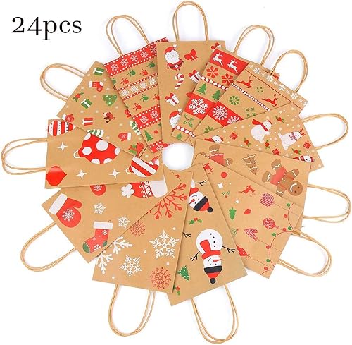 Miniatura 4 de CCINEE 24 bolsas de regalo de papel kraft de Navidad, bolsas grandes de regalo de Navidad con papel de aluminio dorado metálico con asas para