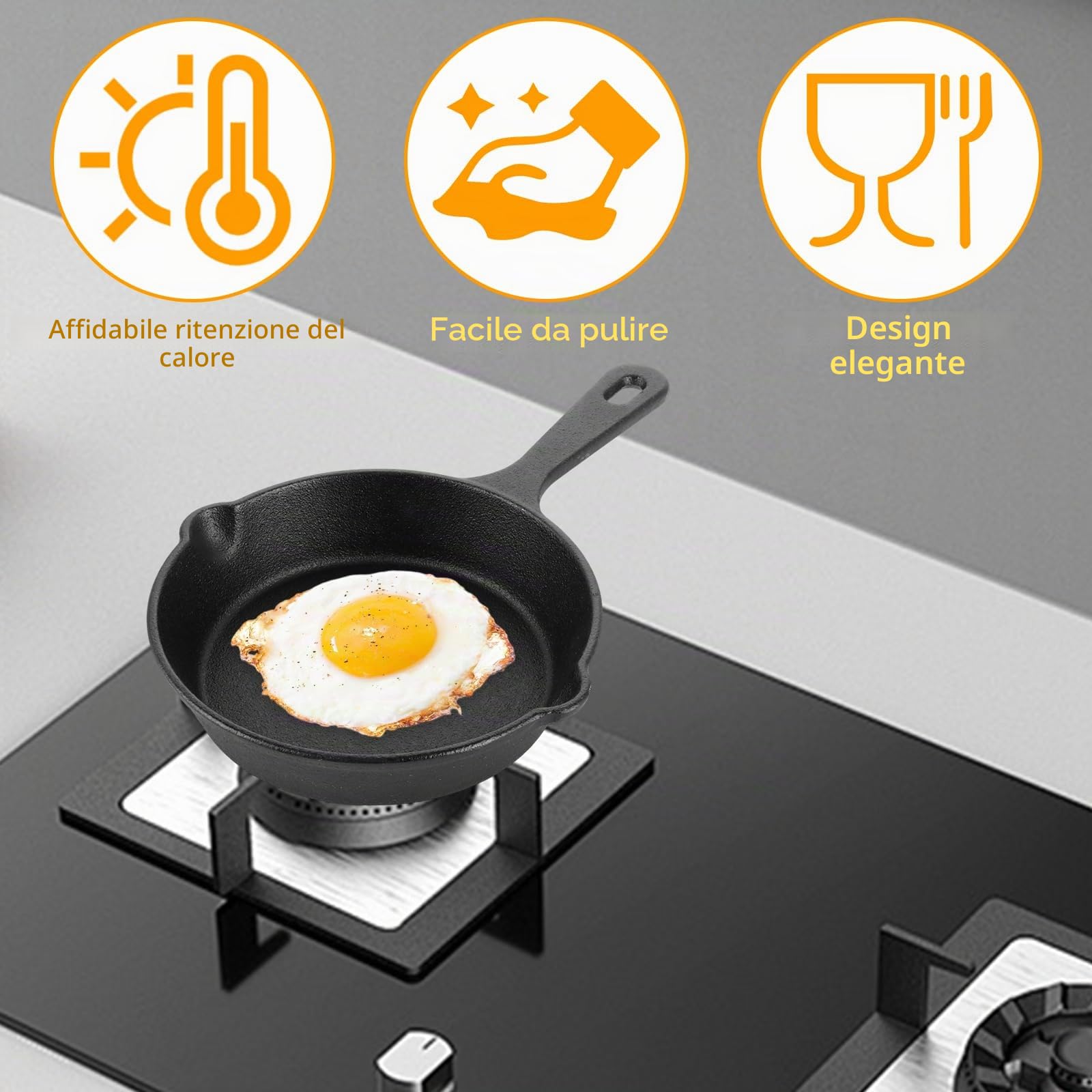 SHUESS Set di 3 padelle in ghisa, piccole padelle in ghisa da 14 cm, con tagliere in legno, piccole padelle a induzione per forno e barbecue, mini padella come padella per uova fritte, mini padella e