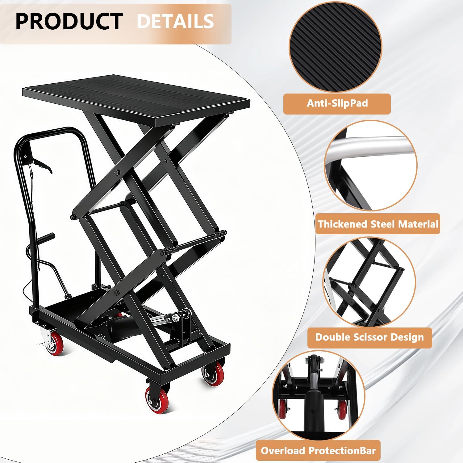 Hydraulic Lift Table, 500 Lbs Capacity, 28.4" Lifting Height, Single Scissor Lift Table Cart with 4 Wheels and Non-Slip Pad, Manual Hydraulic Lifting Cart (Black-330-Double)