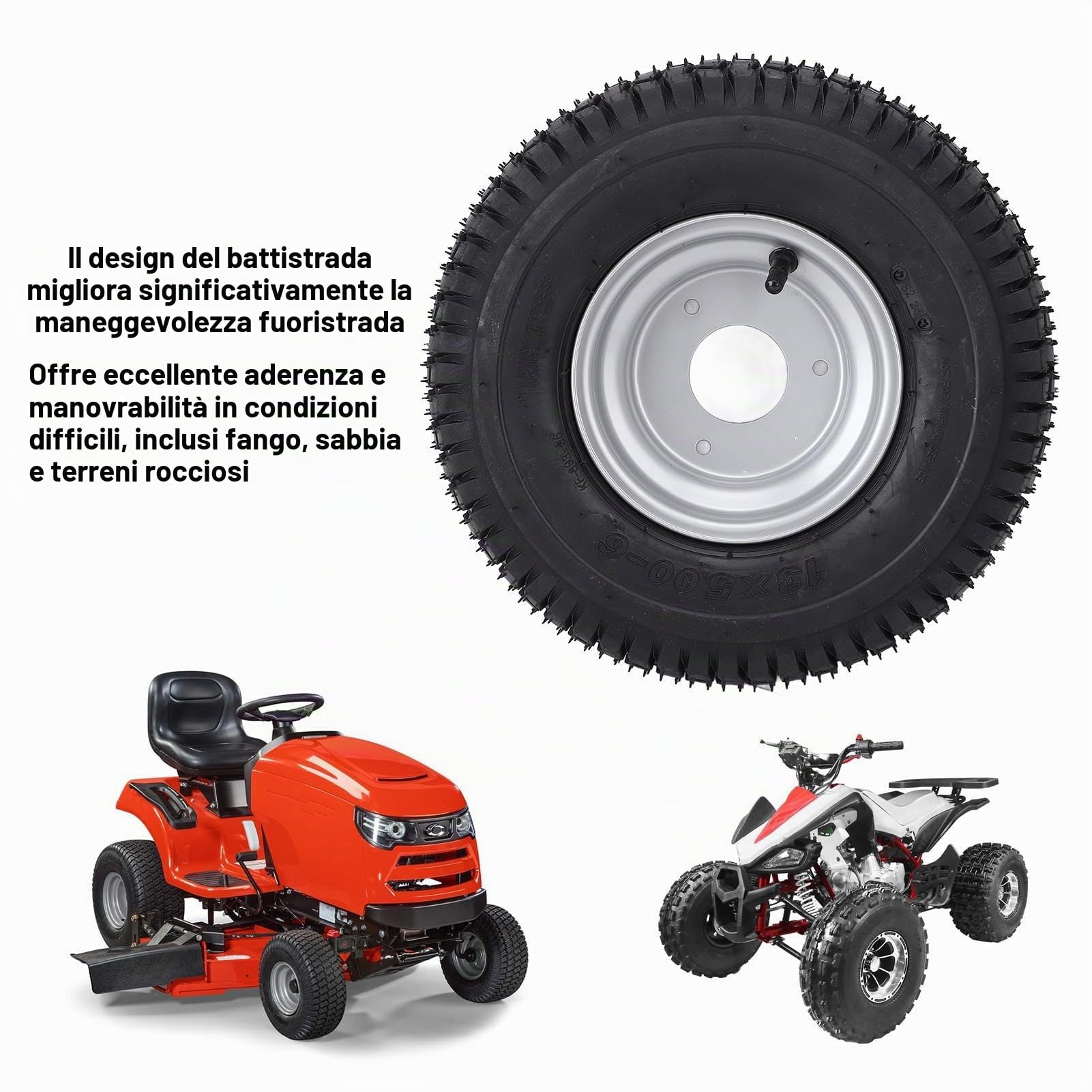 13x5.00-6 Pneumatico Ruota con Cerchio Vuoto Tubeless Trazione Migliorata Antiscivolo Pneumatico All Terrain per ATV Quad Go Kart Cart Mini Bike