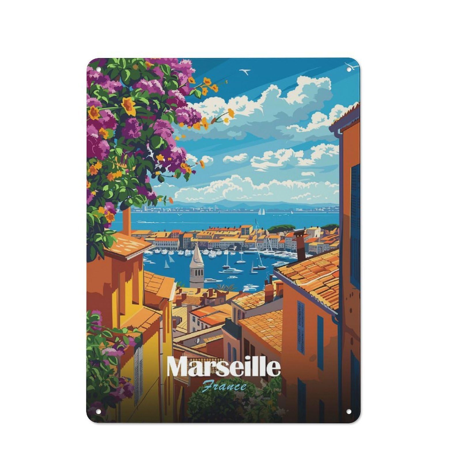 Junmoney Marseille, France Cityscape Illustration Rustic Metal Plaque 40X30cm For Hobby Room Or Studio, For Vintage Wall Decor Fans, For Garage And Workshop Walls