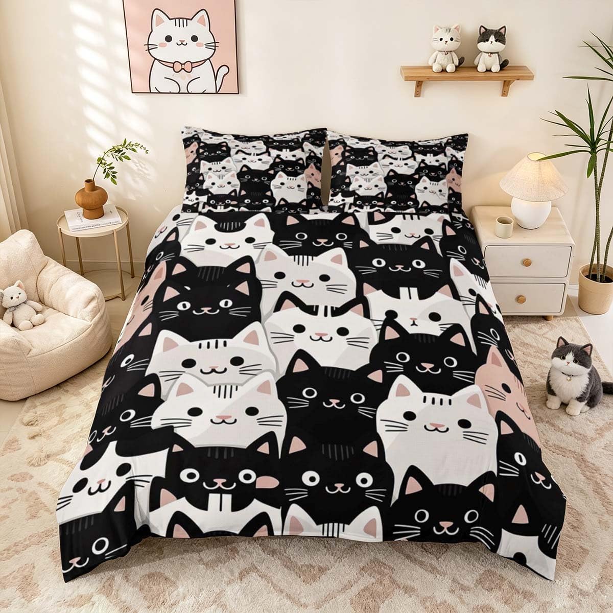 Homemissing Anime Cat Duvet Cover Set King Size for Kids Boys Girls Funny Cat Bedding Set Cute Kitten Duvet Cover with 2 Pillowcases Cartoon Animals Bedding