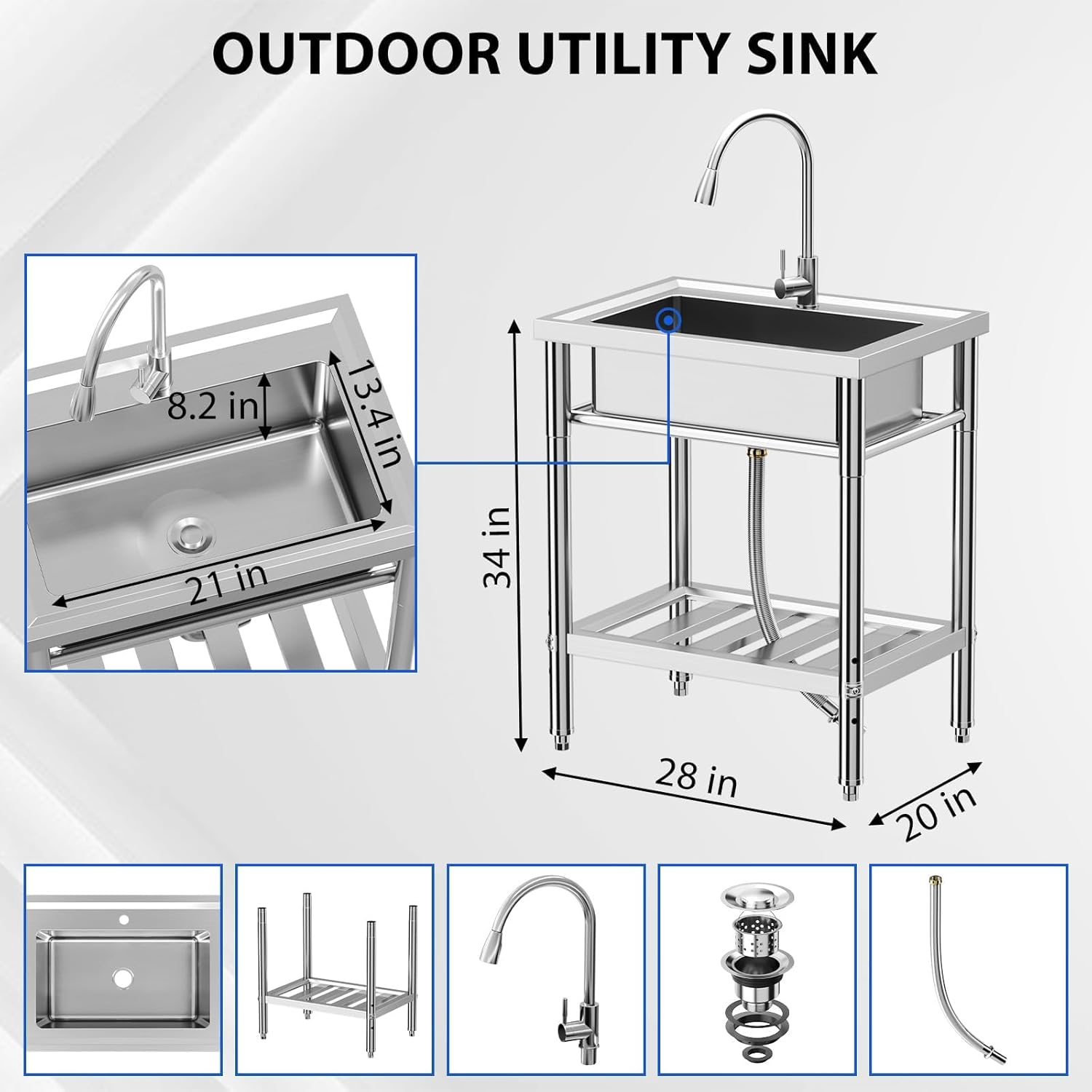 GarveeTech NSF Stainless Steel Single Bowl Sink, Freestanding Utility Sink with Pull-Out Faucet, Cold & Hot Water, for Kitchen, Bar, Garage, Backyard (28 in)
