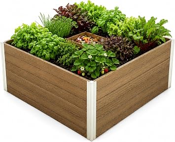 Vita Urbana 4 Foot x 4 Foot x 22 inch Embossed Vinyl Keyhole Garden with Composting Basket, Espresso Brown with Silver Aluminum Posts, PVC, BPA and Pthalate Free, Woodgrain, VT17501
