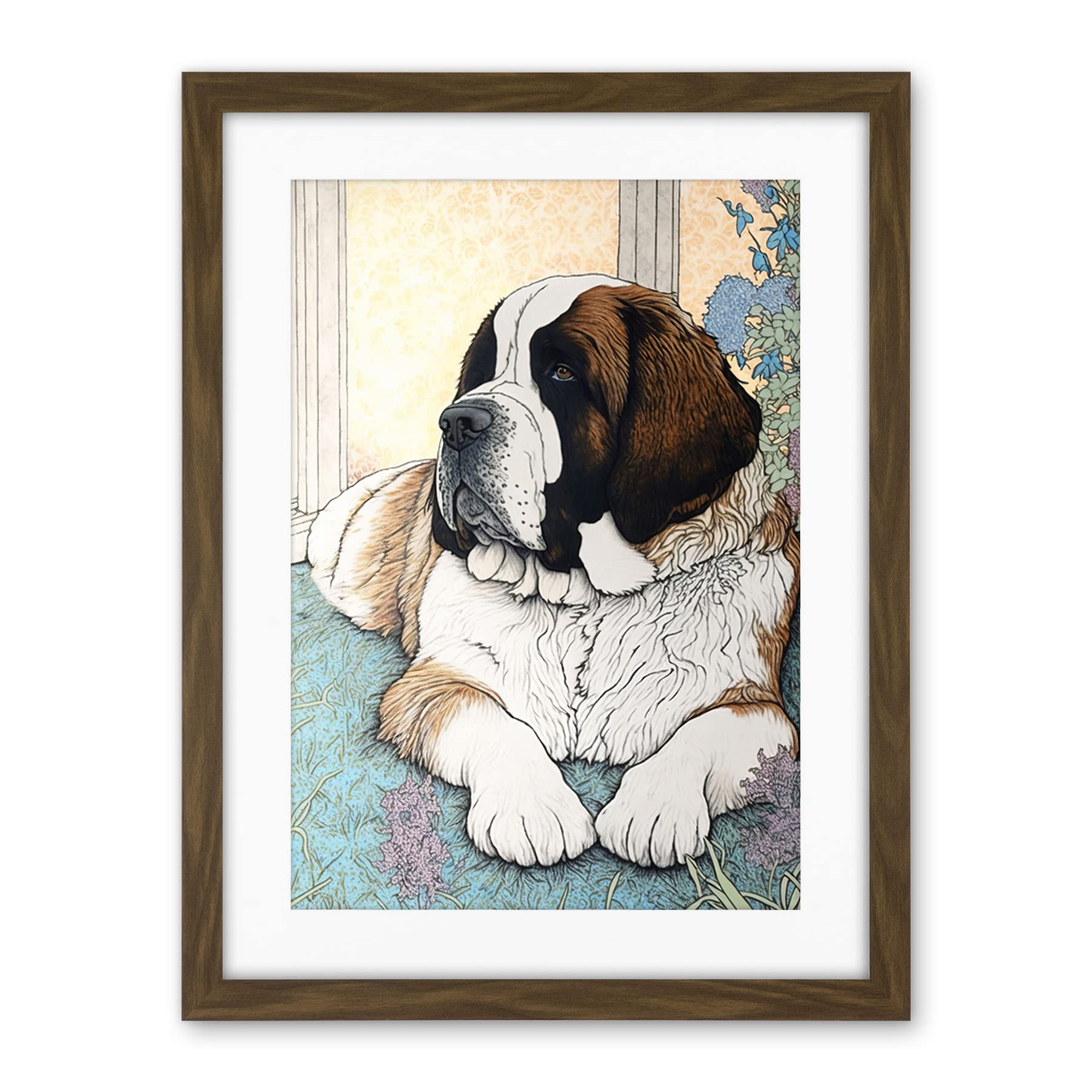 Artery8 St Bernard Dog Lying by Flower Pot Modern Bright Multicoloured Illustration Artwork Framed Wall Art Print 18X24 Inch