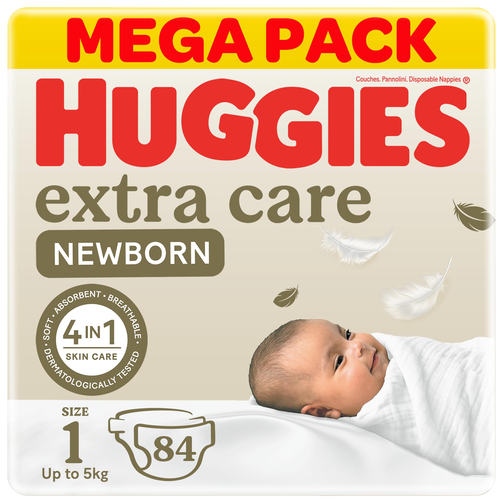 Huggies Extra Care Newborn Baby Diapers, Size 1 (Up to 5 kg), Mega Pack, 84 Diapers