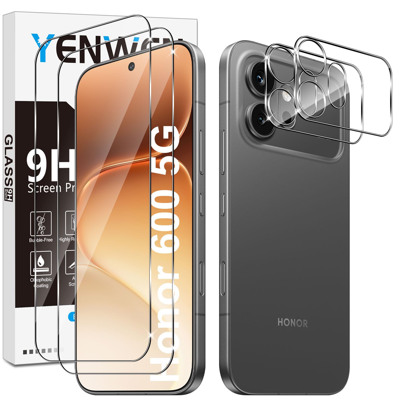 Vetro Temperato per Honor 600 5G, 2 Pezzi Glass Pellicola Protettiva + 2 Pezzi Pellicola Fotocamera Protezione, Anti Graffio Glass, Anti-Impronte, Senza Bolle
