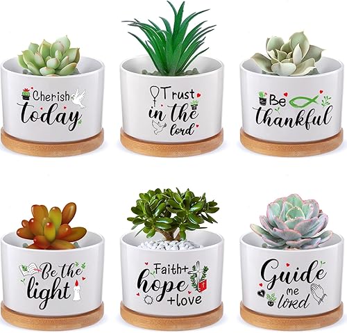 Juego de 6 piezas de regalo con versículo bíblico cristiano, maceta divertida para suculentas con bandeja de bambú, maceta divertida de cerámica,