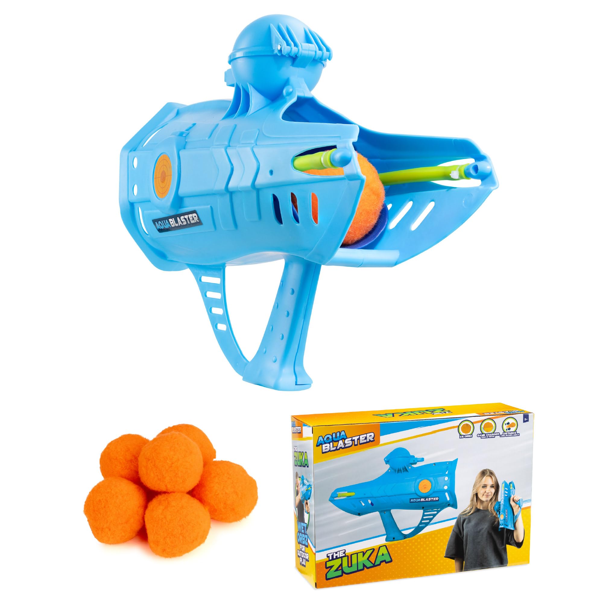 Aqua Blaster Zuka Hand Cannon, Kids Launcher Toy with 1 Cannon and 6 Soft Cotton Balls, Long-Range Shot Blaster for Outdoor Fun, Garden Games, Water Play & Summer Activities