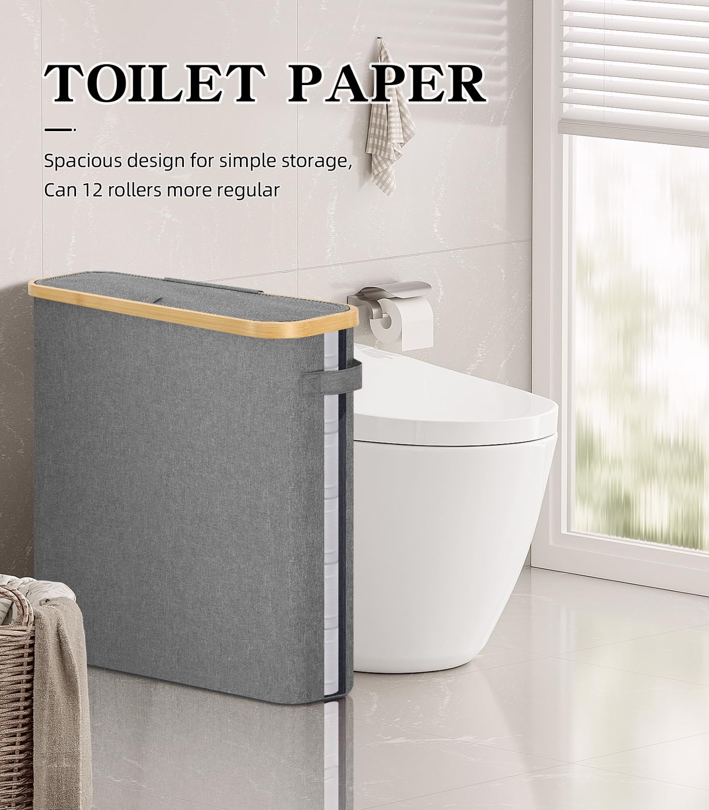 Cesto portaoggetti pieghevole per carta igienica, con coperchio e manico, per 15-20 rotoli, impermeabile, autoportante, per bagno, contenitore per carta igienica per armadio camper (grande, grigio)