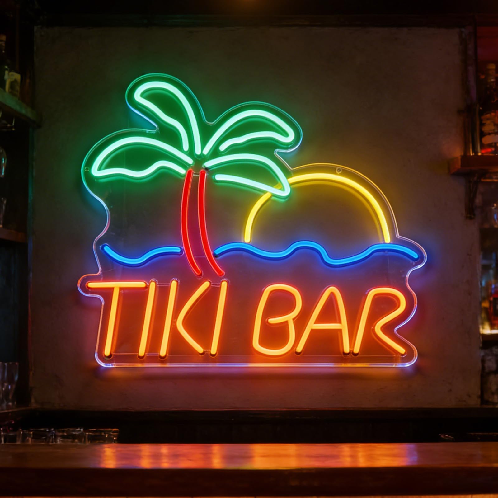 Tiki Bar Neon Sign for Wall Decor Coconut Palm Neon Light Dimmable USB Powered Light Up Sign with Hanging Chain LED Acrylic Wall Art for Beach Resort Restaurant Market and Gaming Room Decor