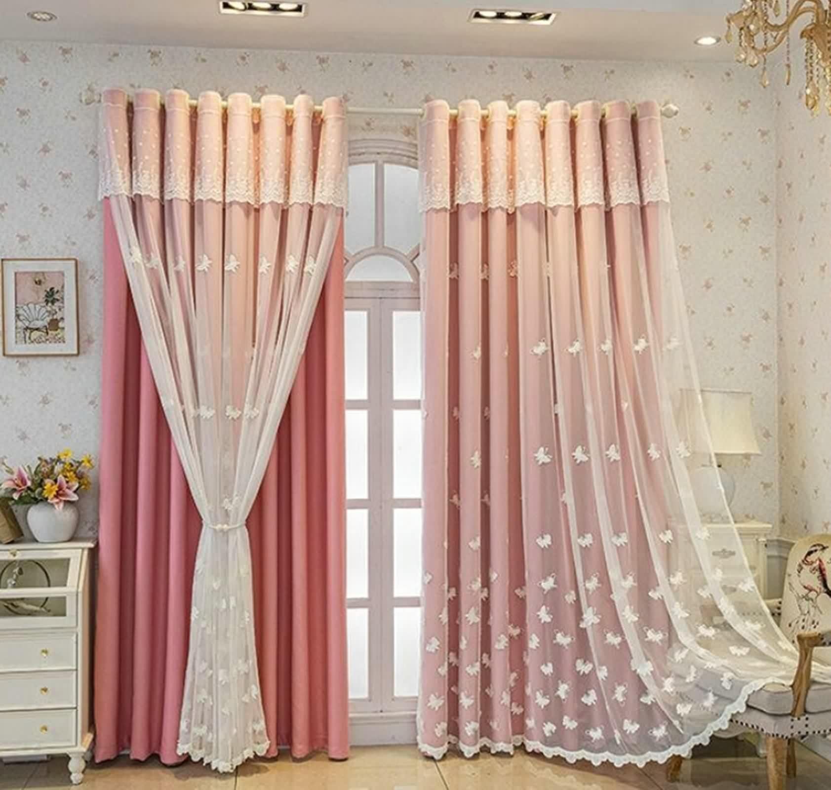 Rideau occultants rose 2 pièces 102x160 broderie papillon polyester coton