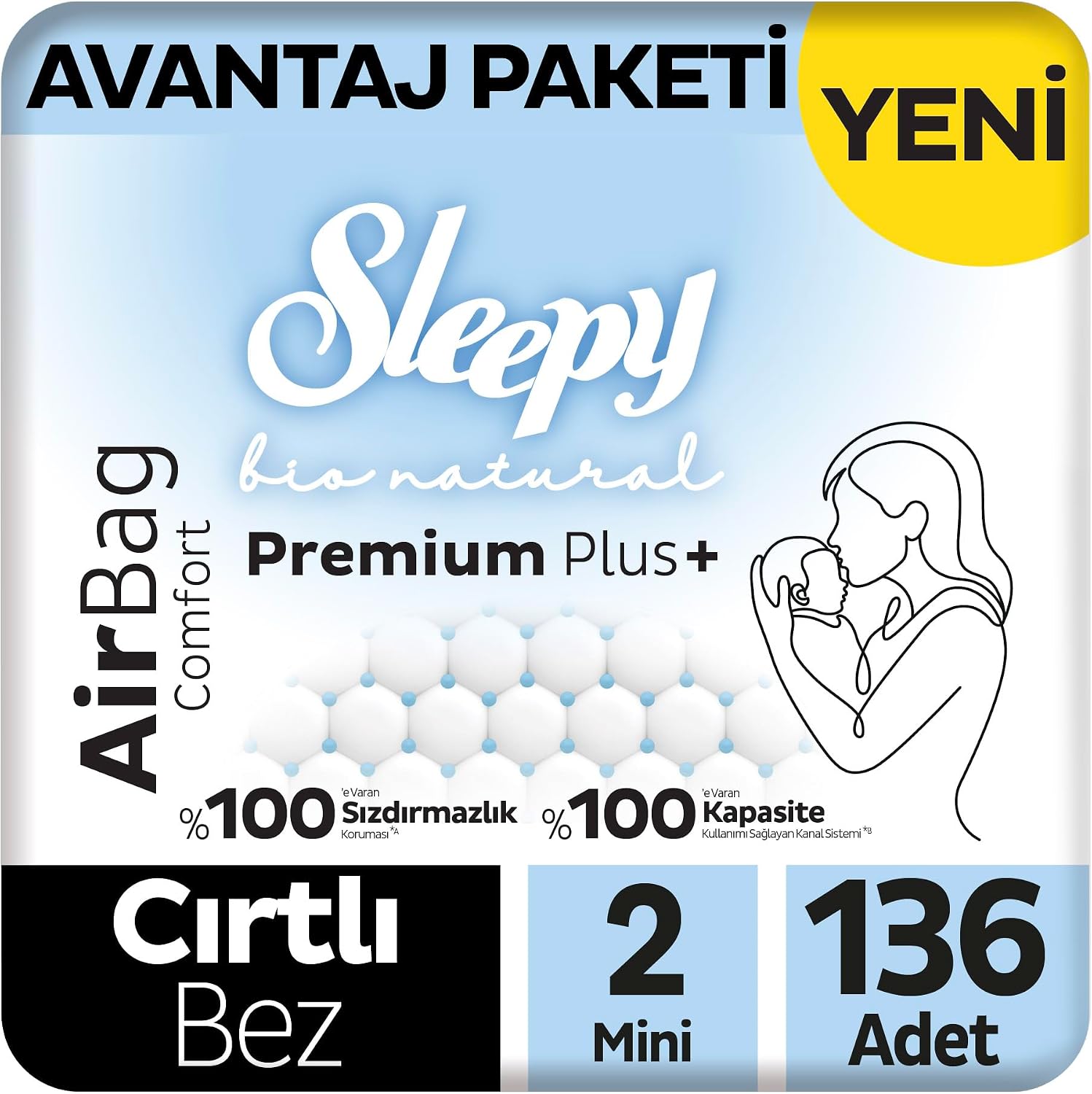 Sleepy Bio Natural Premium Plus Airbag Comfort Avantaj Paketi Bebek Bezi 2 Numara Mini 136 Adet