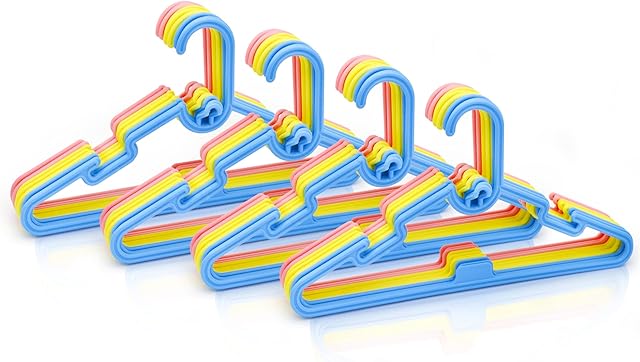 Knight 40 Pack Multi Colour Plastic Kids Hangers, Space Saving Tubular Hangers,Notches Feature,Stackable Hook Nonslip Baby Coat Hangers,Perfect Closet Organiser Blue, Yellow and Pink