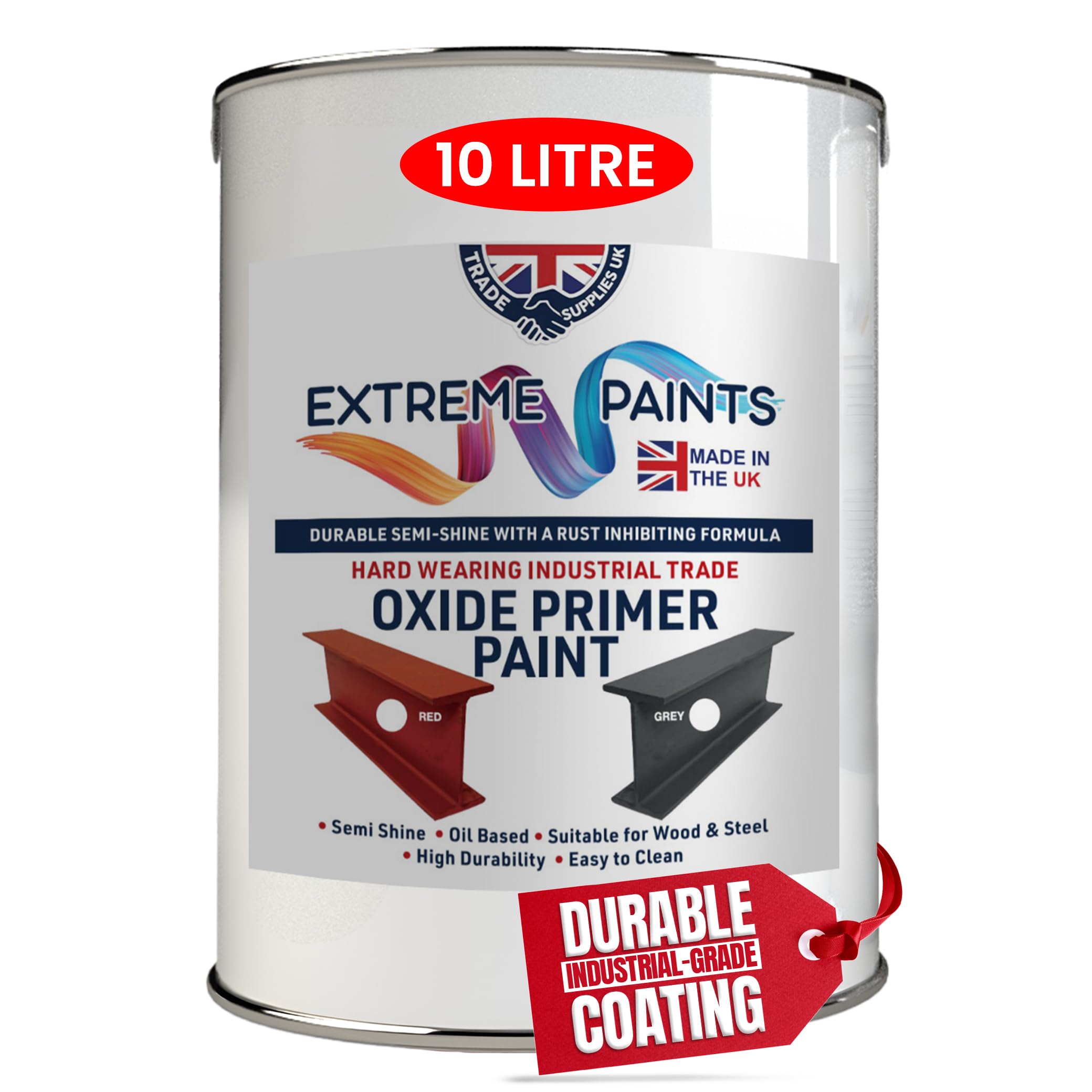 TRADE SUPPLIES UK - Extreme Paints Oxide Primer - Rust-Inhibiting Formula for Metal & Wood | For Structural Steel, Machinery, Gates, and Containers (Red, 10L)