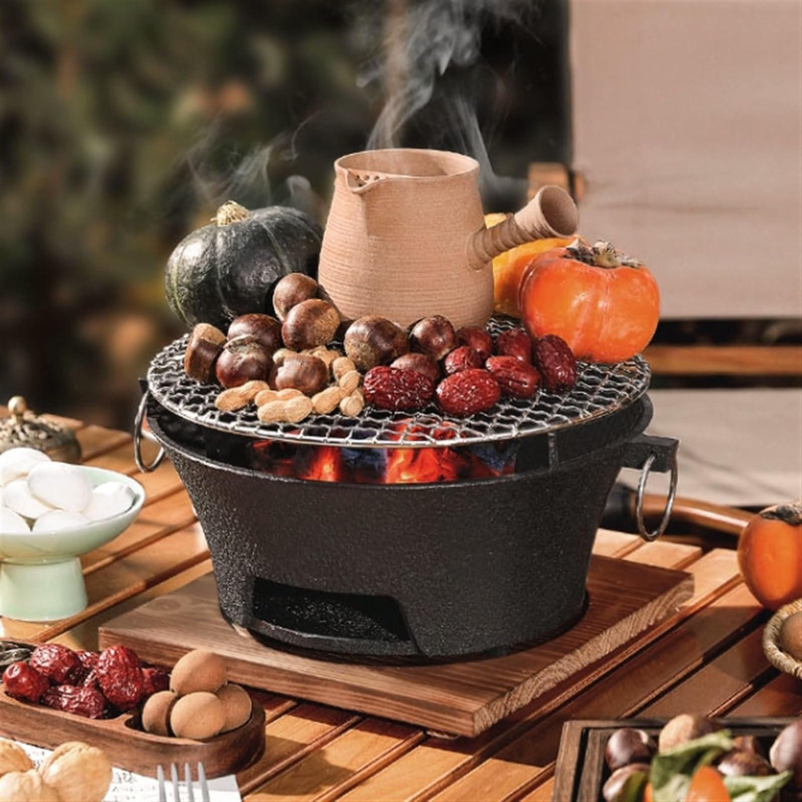 Portátil Parrilla de carbón for barbacoa hierro fundido grueso, estufa calefacción for interiores y exteriores, horno antiadherente con bandeja for asar red for parrilla Cámping(Middle)