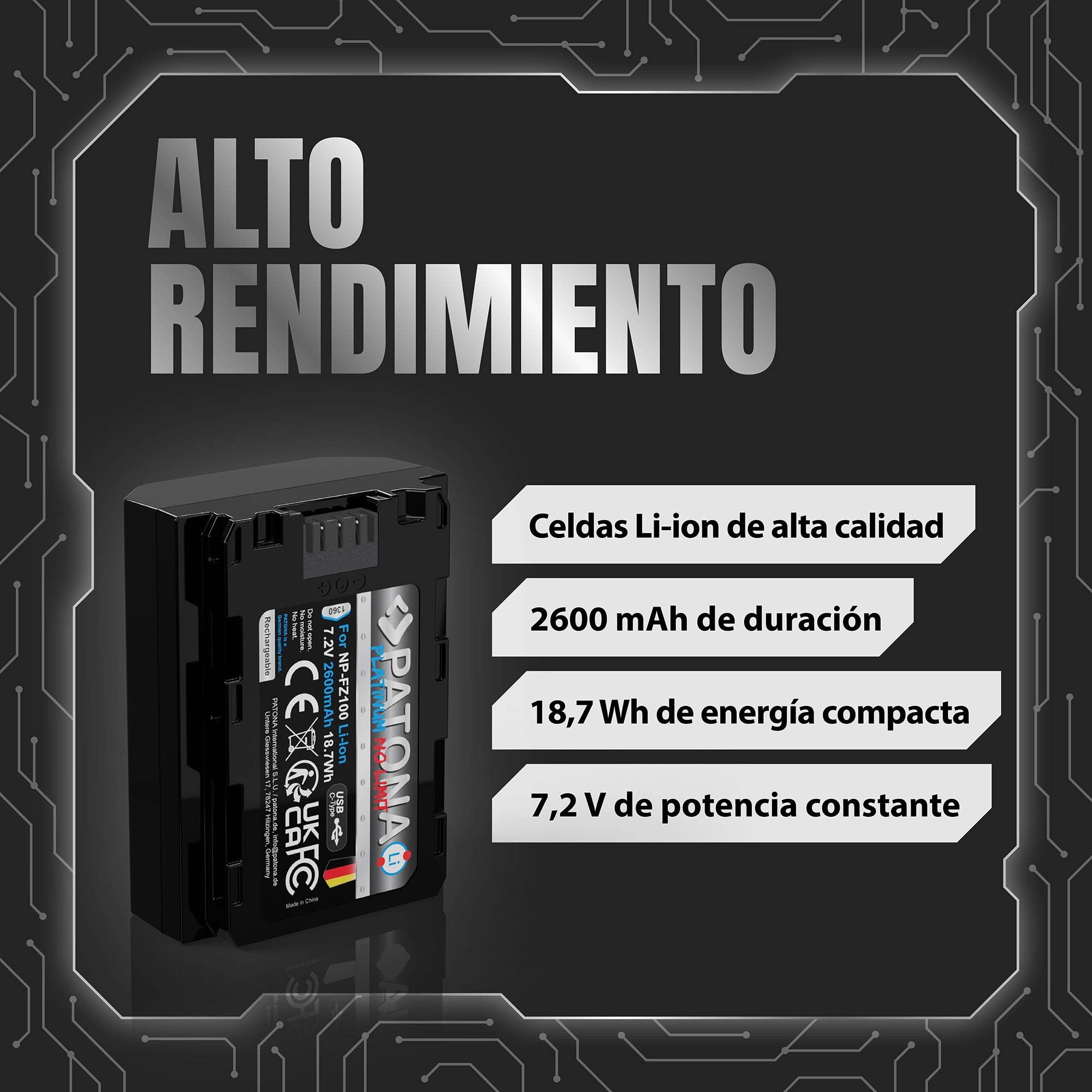 PATONA Platinum NP-FZ100 Batería 2600mAh con Entrada USB-C – Repuesto para Sony NP-FZ100 – para Alpha A1, A7 III IV, A7C, A7R III-V, A7S III, A9, A6600, ZV-E1, FX3 FX30 – Carga sin Cargador