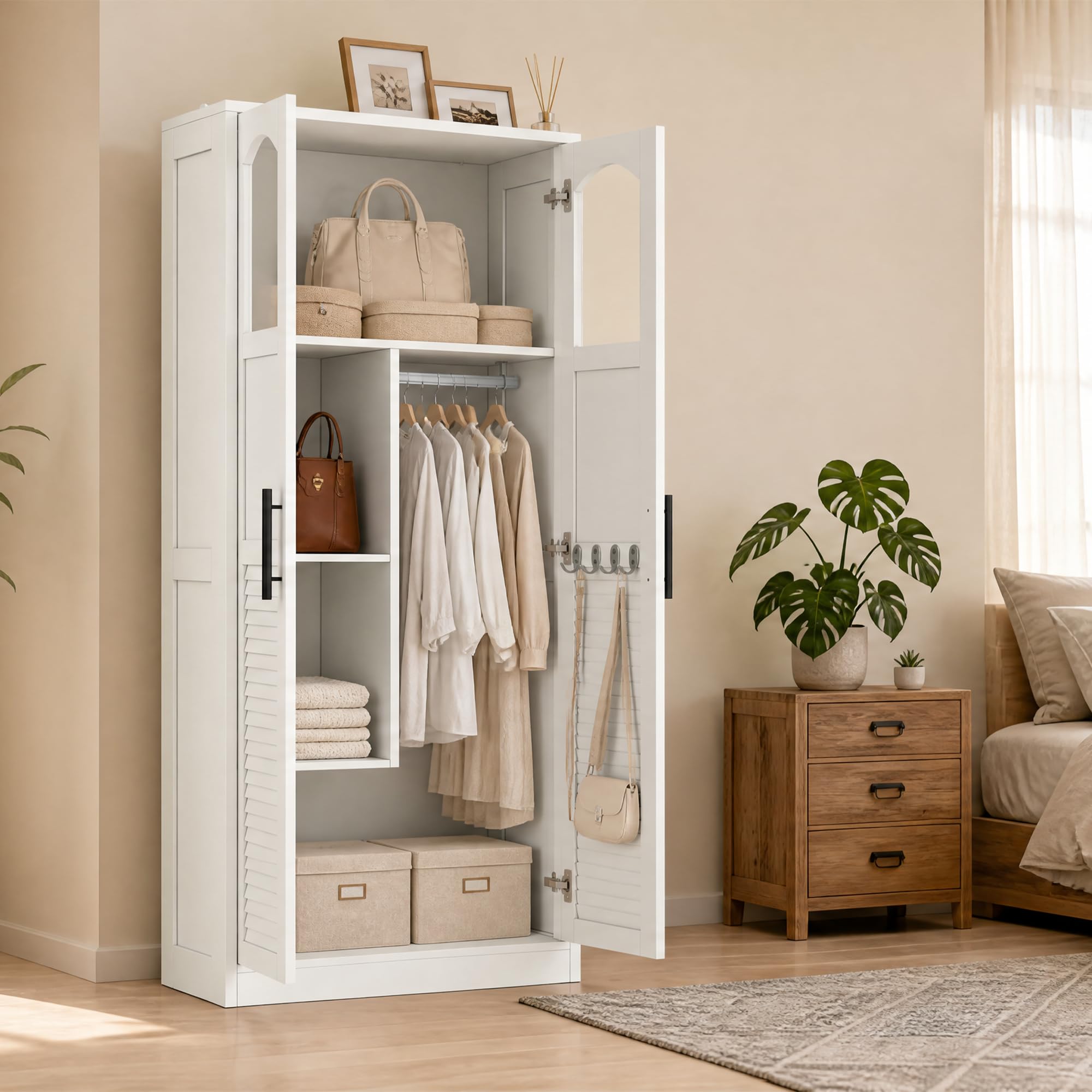 Besenschrank 60 cm breit, Putzschrank mit Lamellentüren, 4 Haken & Stange