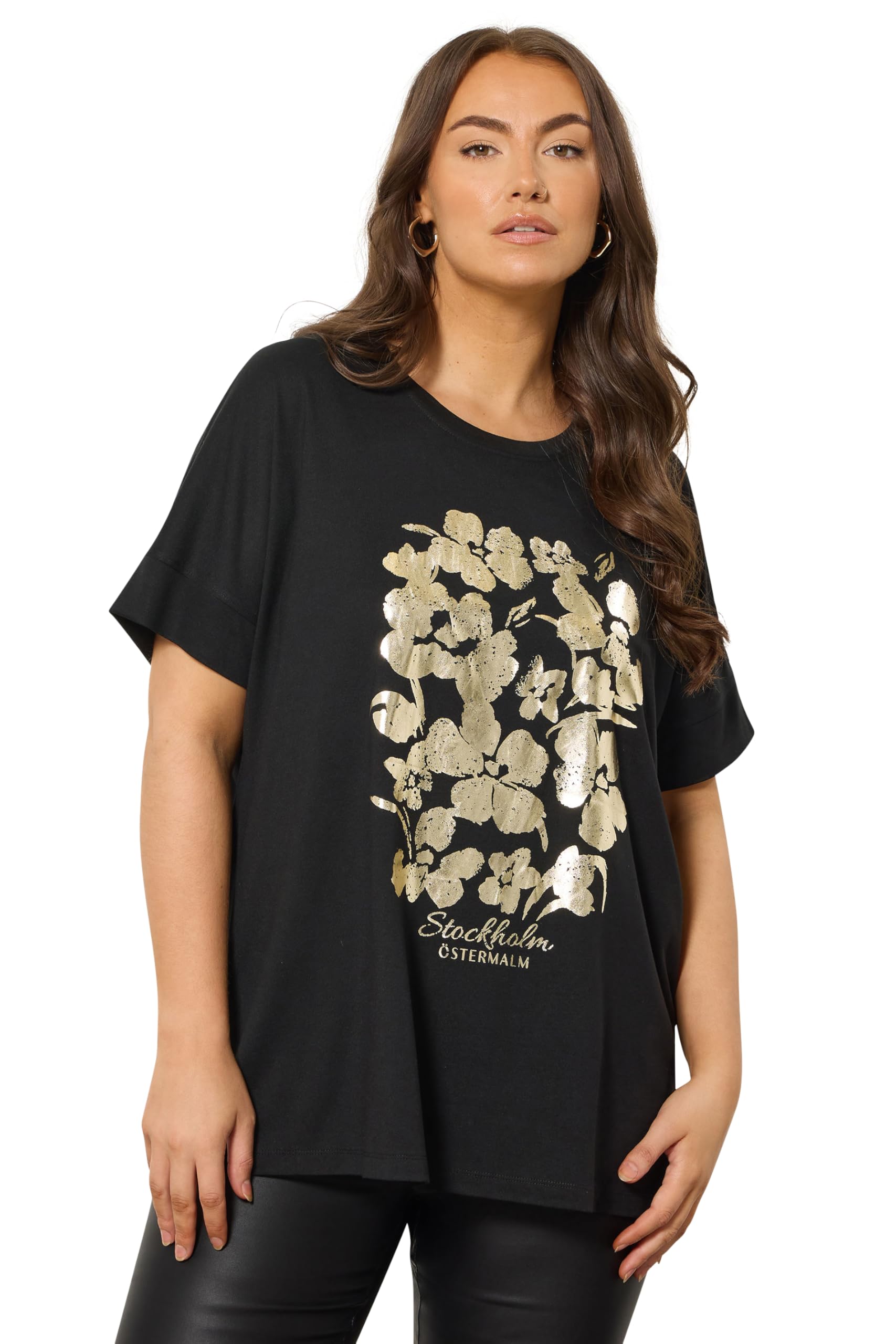 Evans Women's Black Curve & Gold Floral Foil Detail Modal Top - Plus Size Curve