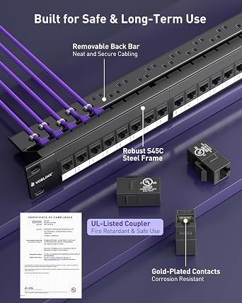 VCELINK 24 Port Cat6 Network Patch Panel, 10Gbps, 1U 19-Inch Rack Mount