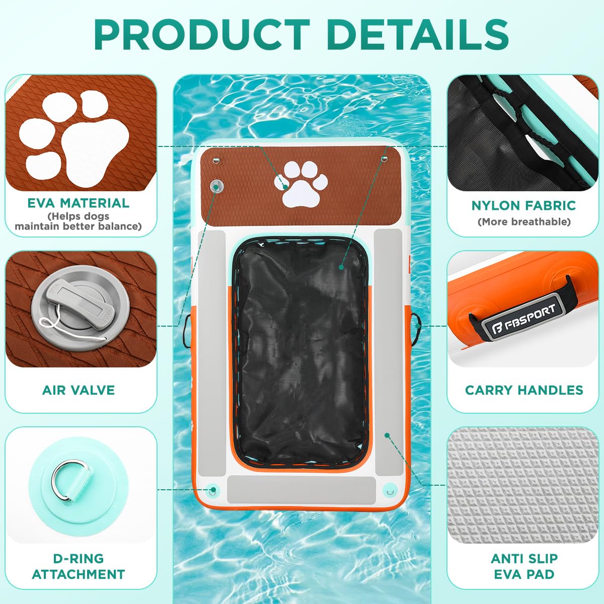 FBSPORT rampa gonfiabile da barca per cani,Piattaforma Galleggiante per Cani, 1.4M Galleggiante per Piscina, Laghi, Barche e Mare, Piattaforma Galleggiante in EVA Antiscivolo Verde menta