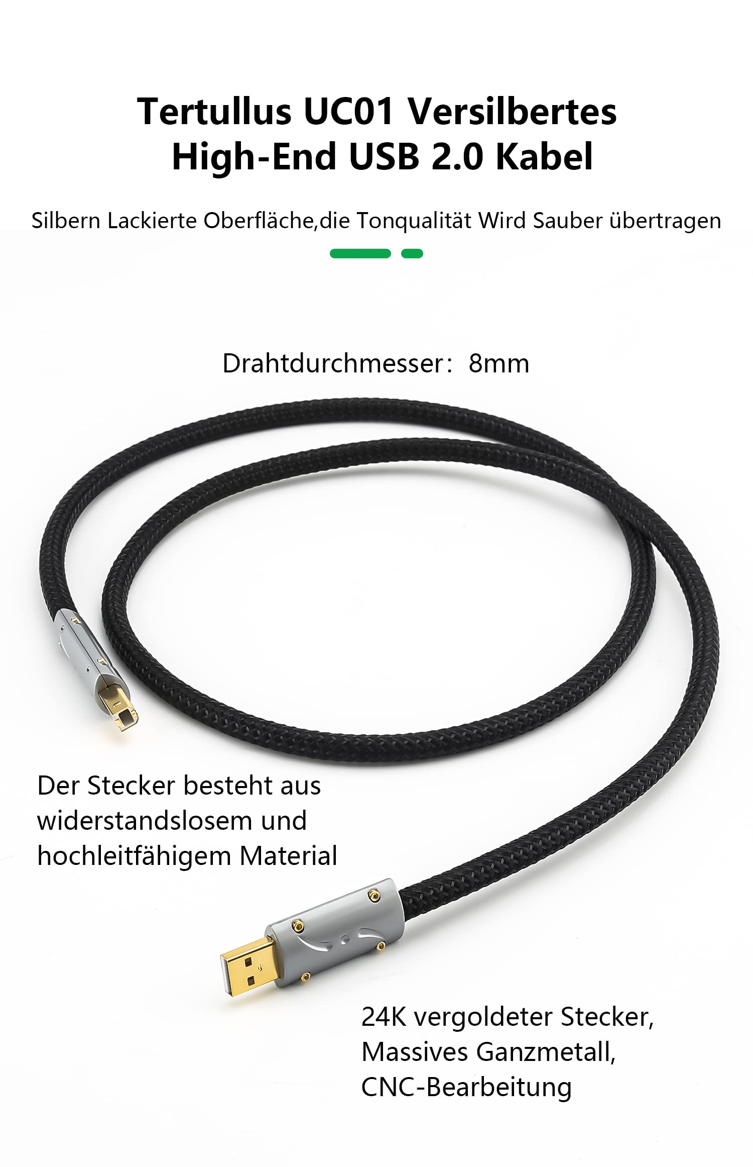 Viborg HiFi - Cavo USB 1,2 m, USB 2.0 tipo A a B, OFC placcato in argento (rame senza ossigeno), cavo audio HiFi per dispositivi DAC HIFI, cavo audio USB di fascia alta