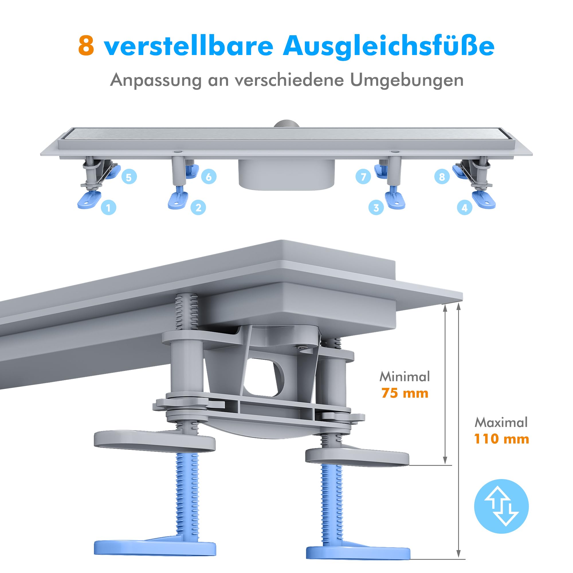 SONNI Caniveau de douche 60 cm | 2 en 1 en acier inoxydable | Avec système anti-odeurs | Passoire à cheveux | Carrelable | Base ABS | Volume d'écoulement de 30 l | 8 pieds réglables