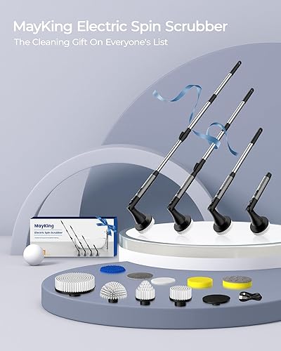 Miniatura 9 de MayKing Depurador eléctrico giratorio con 9 cabezales de cepillo, limpiador eléctrico inalámbrico ajustable de 3 ángulos y 4 longitudes, pantalla