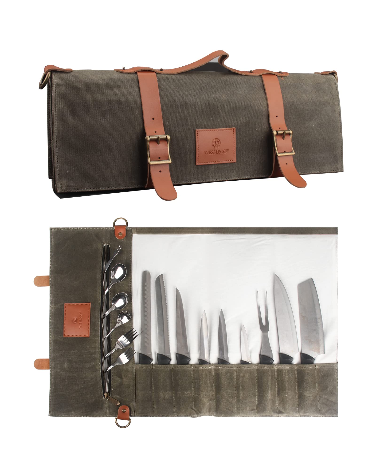 Waxed Canvas Chef Knife Roll Bag with 10 Pockets, Handle & Shoulder Strap