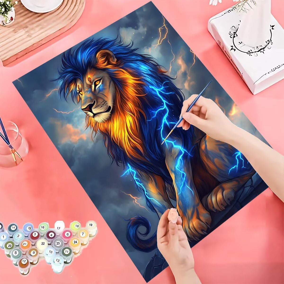 Malowanie lwa dla dorosłych z ramką 60 x 80 cm farba numeryczna dziecko zwierzę malowanie według numerów dla dorosłych z pędzlami i akrylami, aktywność ręczna dla dorosłych do dekoracji ścian, prezent
