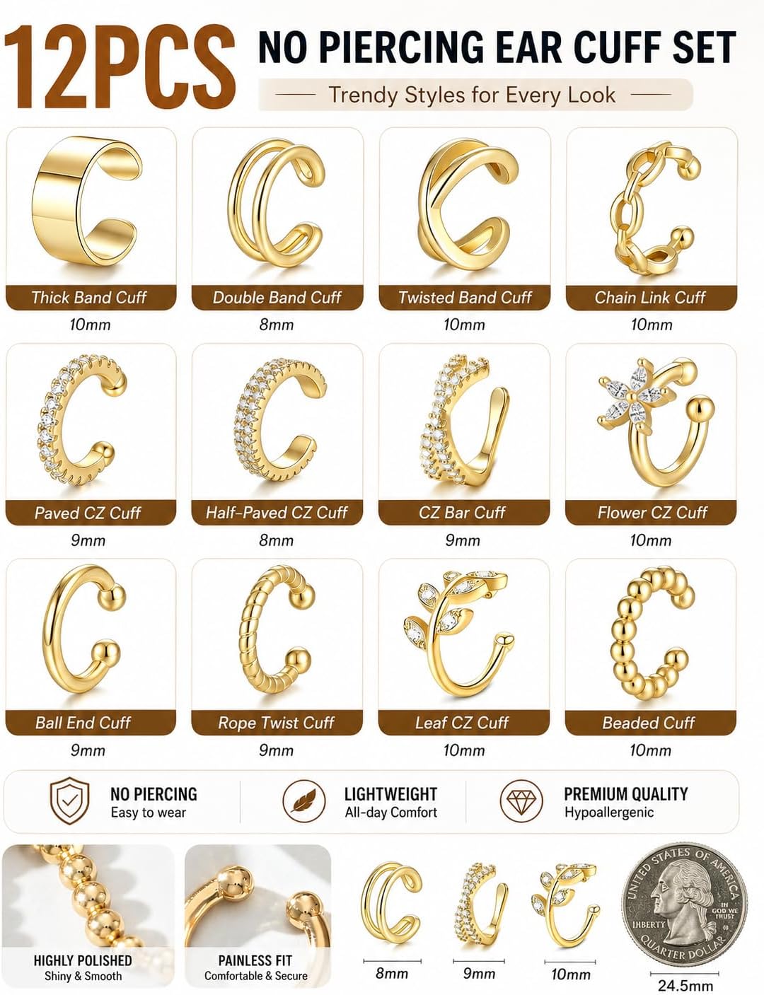 Ear Cuffs Non Piercing 14K Gold Plated Clip on Cartilage Earring for Women - Adjustable Lightweight Fake Piercings Ear Cuff Earrings Hypoallergenic Non Tarnish Earrings Jewelry