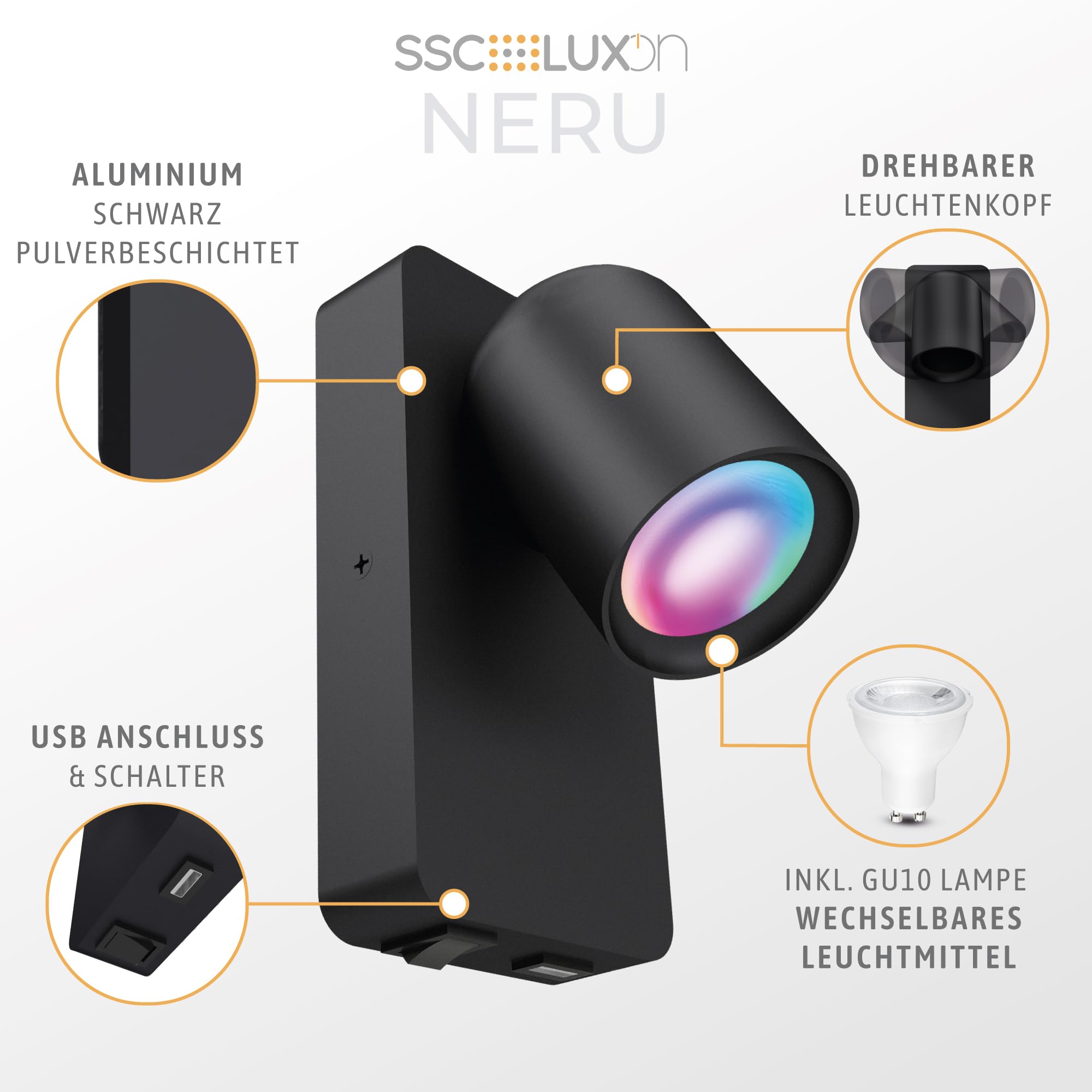 SSC-LUXon NERU 2er Wandleuchte mit Smart LED CCT RGB WLAN - Leselampe Schlafzimmer mit USB, steuerbar mir Siri, Alexa & Google