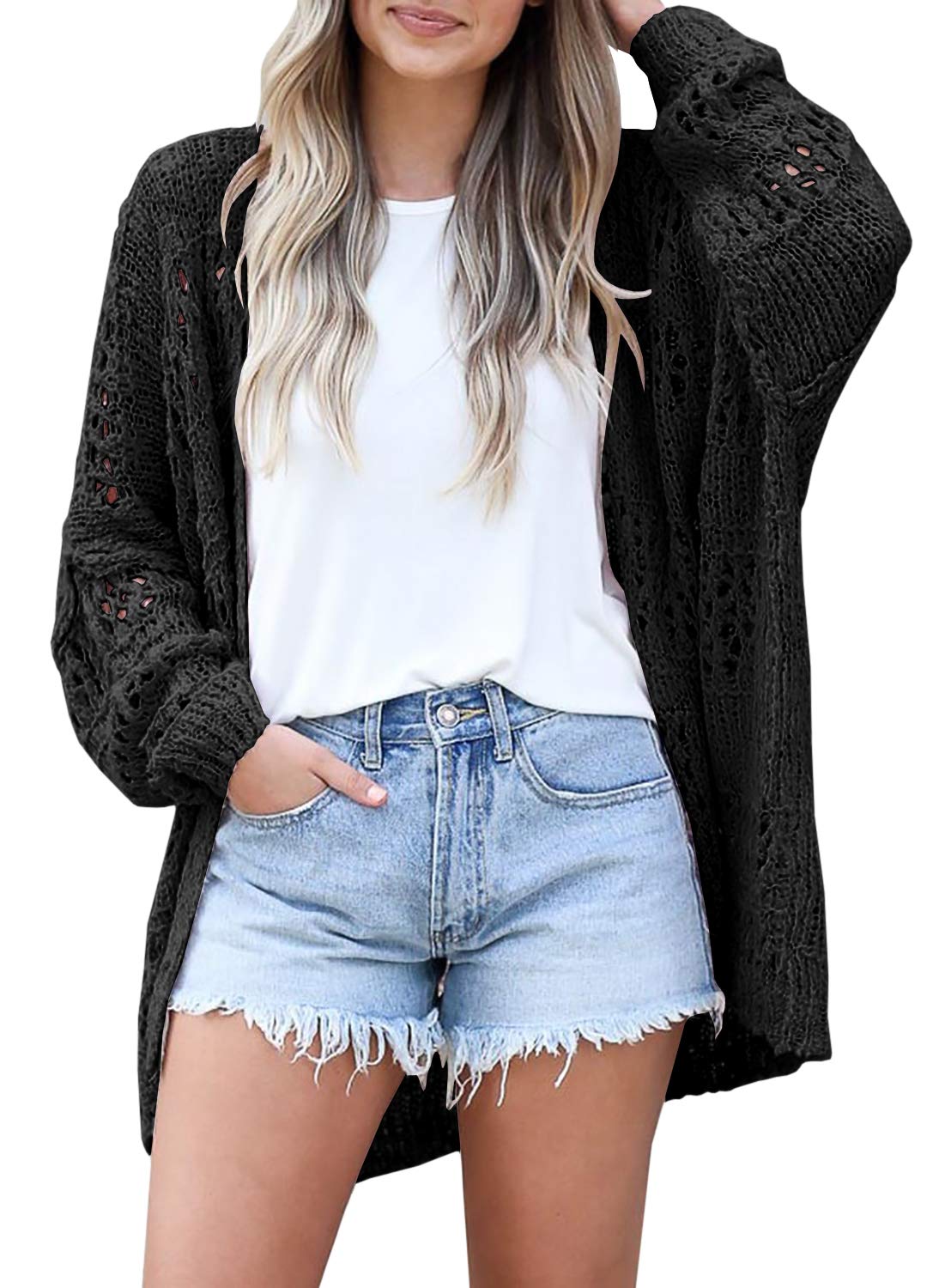 Ermonn Womens Crochet Cardigan Sweater Kimonos Boho Solid Color Oversized Spring Open Front Outwear