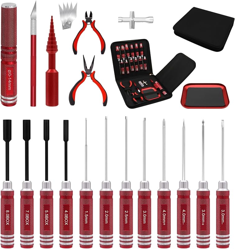 19Pcs RC Car Tool Kit Hex Screwdriver Set Nut Drivers Phillips Screwdrivers Plier Wrench Body Reamer for 1/8 1/10 Traxxas Axial Arrma DJI Drone Boat RC Repair Tool Kit Red