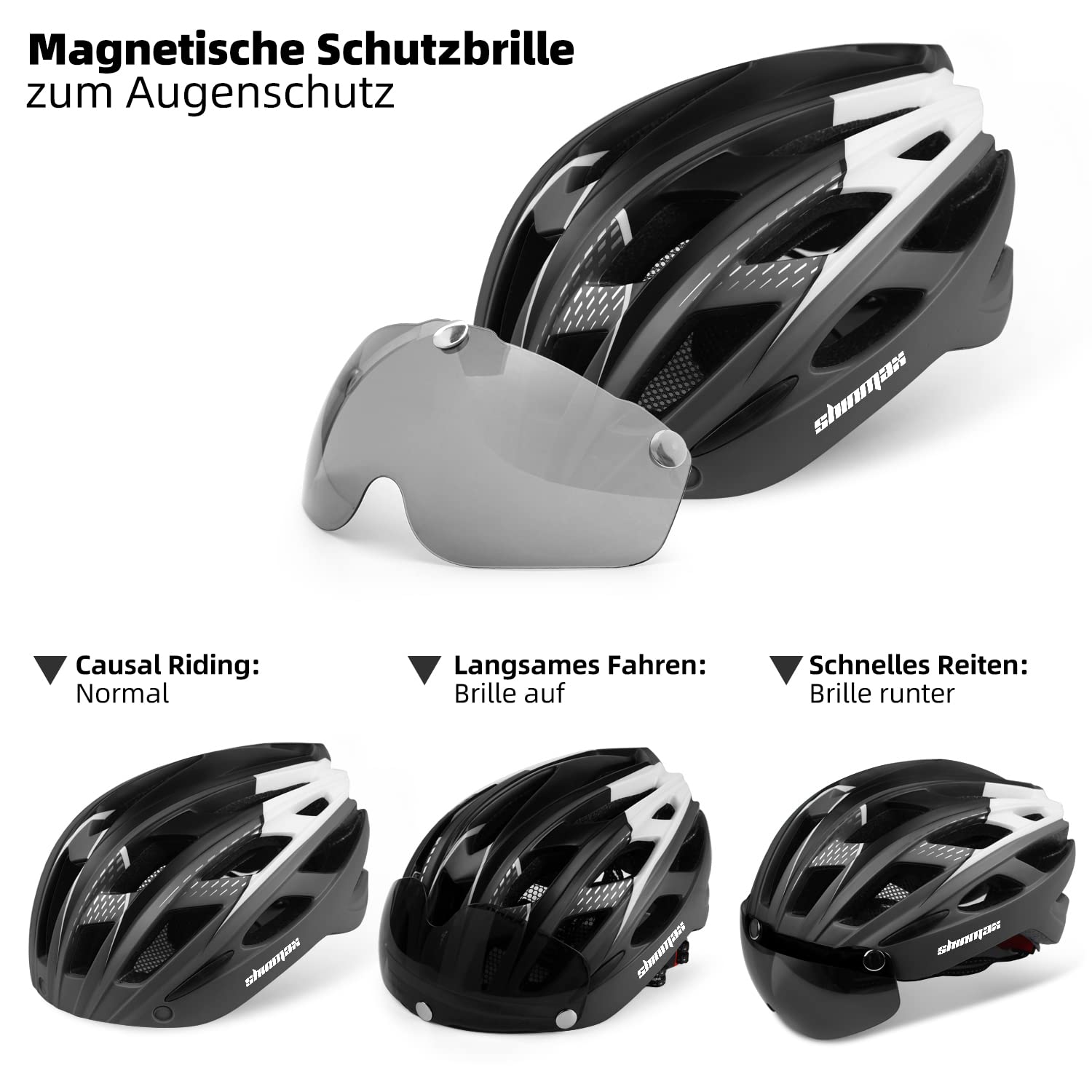 Shinmax kask rowerowy, certyfikat CE, kask rowerowy ze zdejmowanymi okularami ochronnymi, wizjer, dla dorosłych, mężczyzn i kobiet, regulowana ochrona bezpieczeństwa, tylne światło LED, do deskorolki, jazdy na nartach, snowboardzie NR-096