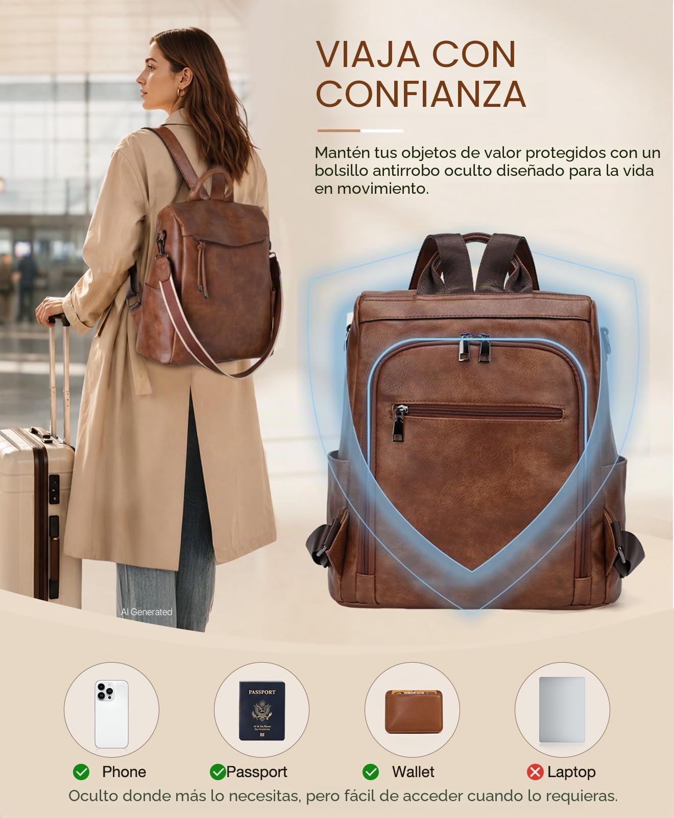 VX VONXURY Mochila Antirrobo Mujer de Cuero PU Mochila Mujer Casual Convertible Bolso Hombro Mujer para Escuela Viaje Trabajo