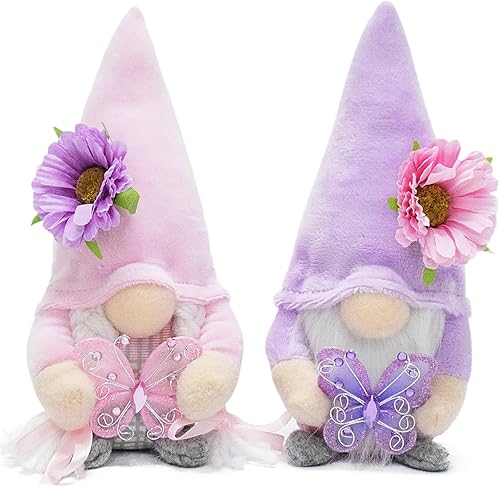 Juego de 2 gnomos de mariposa de verano, decoración de primavera, flores rústicas, hechas a mano, escandinavo Tomte, regalo para el hogar, cocina,