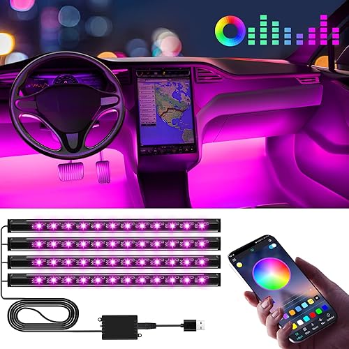 Winzwon - Luces LED para el interior del automóvil (4 unidades), tira de 48 luces LED para automóvil, con puerto USB, control por aplicación para