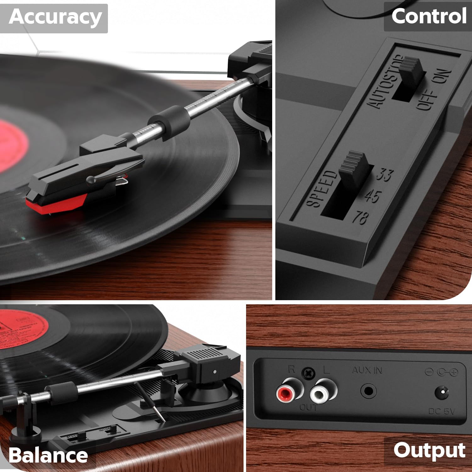Plattenspieler, FYDEE Vinyl-Plattenspieler mit Eingebauten Stereo-Lautsprechern, 3 Geschwindigkeiten 33/45/78 RPM, Bluetooth-Schallplattenspieler, mit RCA-Ausgang und AUX-Eingang, Walnuss