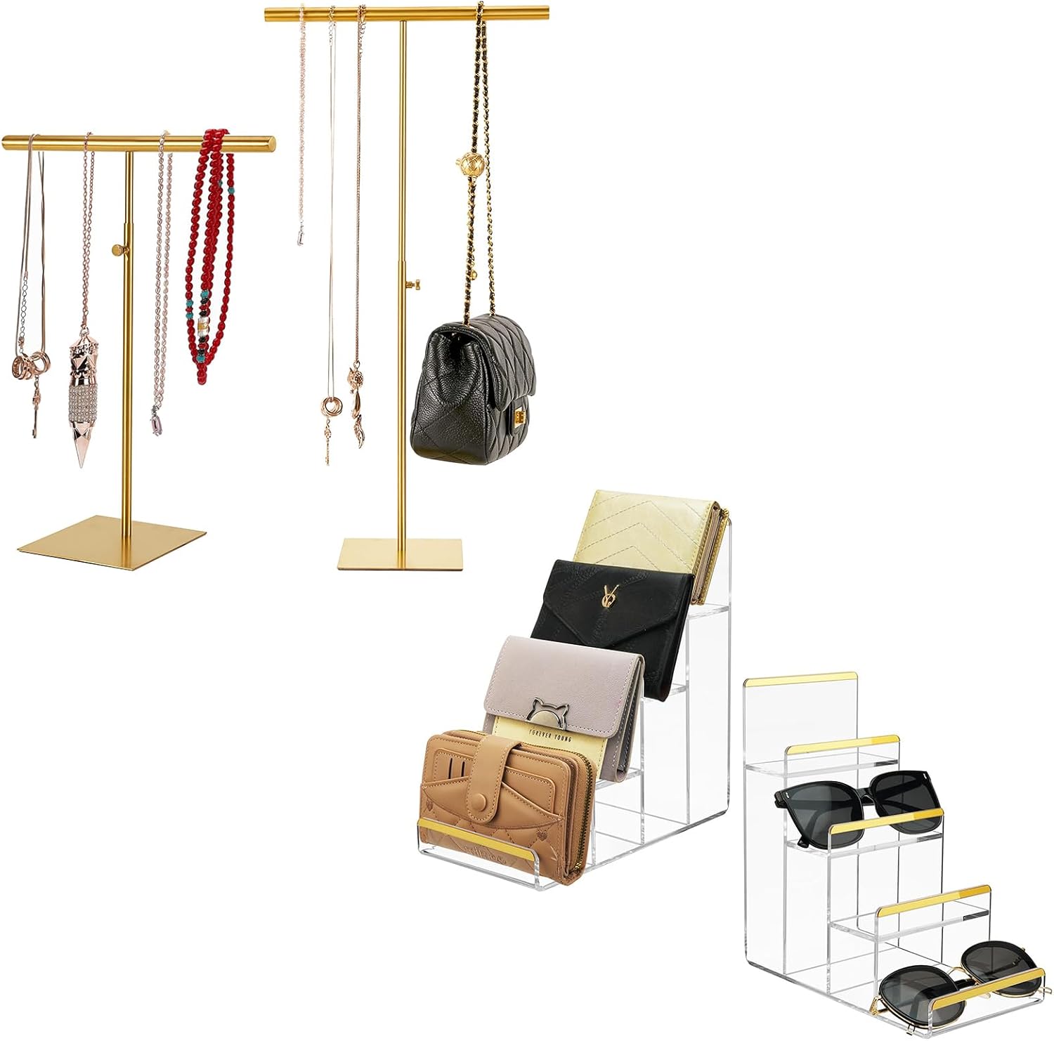 Necklace Holder Jewelry Stand and 2 Pack 4-Tier Purse Display Stands